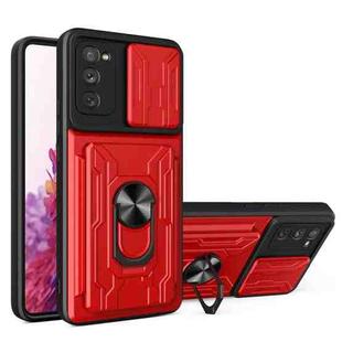 For Samsung Galaxy S20 FE Camera Cover Phone Case with Card Slot & Holder(Red)