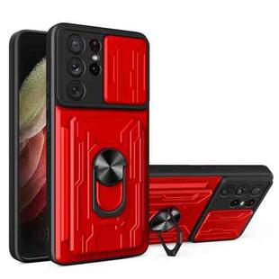 For Samsung Galaxy S21 Ultra 5G Camera Cover Phone Case with Card Slot & Holder(Red)