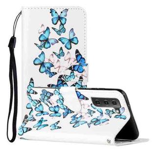 For Samsung Galaxy S22 5G Colored Drawing Marble Pattern PU Leather Phone Case(Little Blue Butterflies)