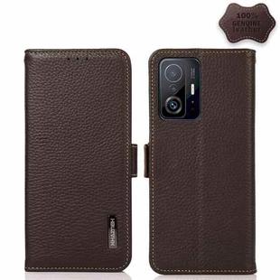 For Xiaomi Mi 11T / Mi 11T Pro KHAZNEH Side-Magnetic Litchi Genuine Leather RFID Phone Case(Brown)