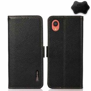 For Samsung Galaxy A22 5G JP Version KHAZNEH Side-Magnetic Litchi Genuine Leather RFID Phone Case(Black)