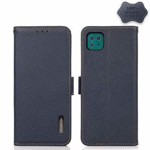 For Samsung Galaxy A22 5G KHAZNEH Side-Magnetic Litchi Genuine Leather RFID Phone Case(Blue)