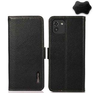 For Samsung Galaxy A03 164mm Version KHAZNEH Side-Magnetic Litchi Genuine Leather RFID Phone Case(Black)