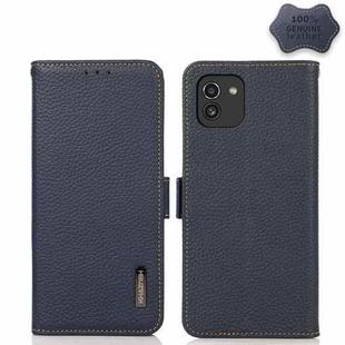 For Samsung Galaxy A03 166mm Version KHAZNEH Side-Magnetic Litchi Genuine Leather RFID Phone Case(Blue)