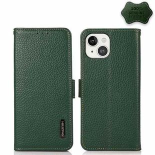 For iPhone 13 KHAZNEH Side-Magnetic Litchi Genuine Leather RFID Case(Green)