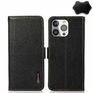For iPhone 13 Pro KHAZNEH Side-Magnetic Litchi Genuine Leather RFID Case (Black)