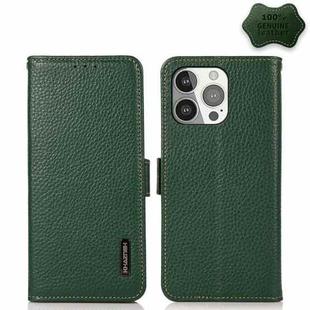 For iPhone 13 Pro KHAZNEH Side-Magnetic Litchi Genuine Leather RFID Case (Green)