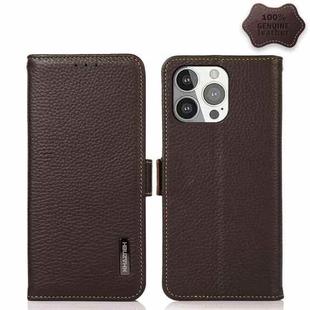 For iPhone 13 Pro KHAZNEH Side-Magnetic Litchi Genuine Leather RFID Case (Brown)