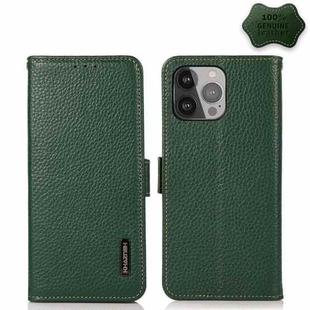 For iPhone 13 Pro Max KHAZNEH Side-Magnetic Litchi Genuine Leather RFID Case (Green)