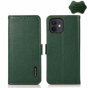 For iPhone 12 mini KHAZNEH Side-Magnetic Litchi Genuine Leather RFID Case (Green)