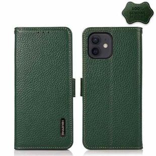 For iPhone 12 / 12 Pro KHAZNEH Side-Magnetic Litchi Genuine Leather RFID Case(Green)