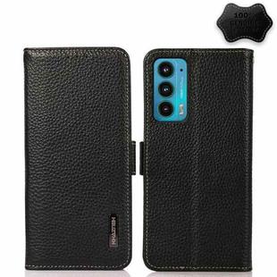 For Motorola Edge 20 KHAZNEH Side-Magnetic Litchi Genuine Leather RFID Case(Black)