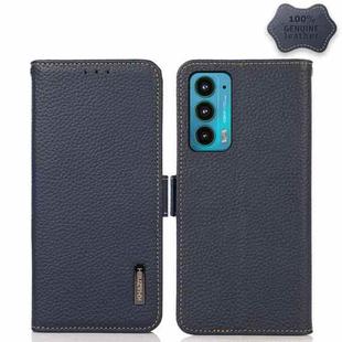 For Motorola Edge 20 KHAZNEH Side-Magnetic Litchi Genuine Leather RFID Case(Blue)