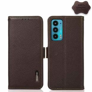 For Motorola Edge 20 KHAZNEH Side-Magnetic Litchi Genuine Leather RFID Case(Brown)