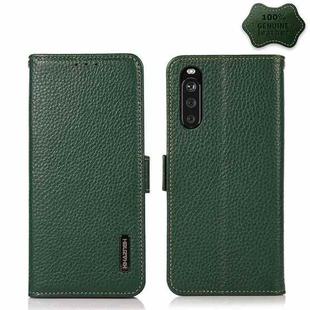 For Sony Xperia 10 III KHAZNEH Side-Magnetic Litchi Genuine Leather RFID Case(Green)