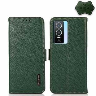 For vivo Y76s 5G KHAZNEH Side-Magnetic Litchi Genuine Leather RFID Case(Green)