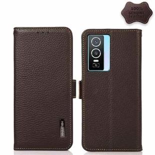 For vivo Y76s 5G KHAZNEH Side-Magnetic Litchi Genuine Leather RFID Case(Brown)