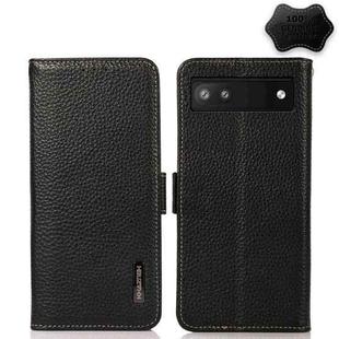 For Google Pixel 6a KHAZNEH Side-Magnetic Litchi Genuine Leather RFID Case(Black)