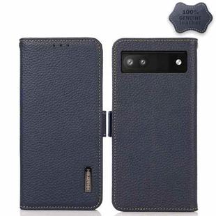 For Google Pixel 6a KHAZNEH Side-Magnetic Litchi Genuine Leather RFID Case(Blue)