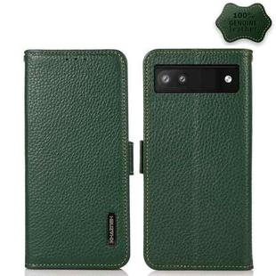 For Google Pixel 6a KHAZNEH Side-Magnetic Litchi Genuine Leather RFID Case(Green)