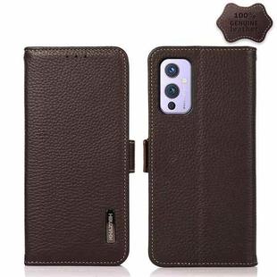 For OnePlus 9 KHAZNEH Side-Magnetic Litchi Genuine Leather RFID Phone Case(Brown)