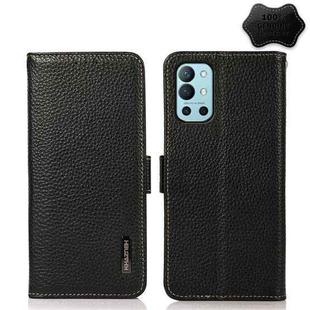 For OnePlus 9R KHAZNEH Side-Magnetic Litchi Genuine Leather RFID Phone Case(Black)