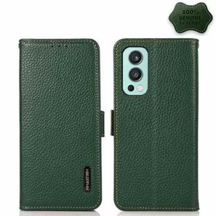 For OnePlus Nord 2 5G KHAZNEH Side-Magnetic Litchi Genuine Leather RFID Phone Case(Green)