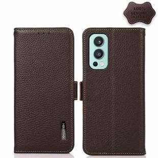 For OnePlus Nord 2 5G KHAZNEH Side-Magnetic Litchi Genuine Leather RFID Phone Case(Brown)