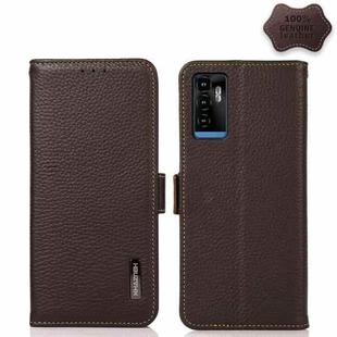 For ZTE Blade A71 KHAZNEH Side-Magnetic Litchi Genuine Leather RFID Phone Case(Brown)