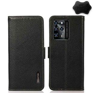 For ZTE Blade V30 KHAZNEH Side-Magnetic Litchi Genuine Leather RFID Phone Case(Black)