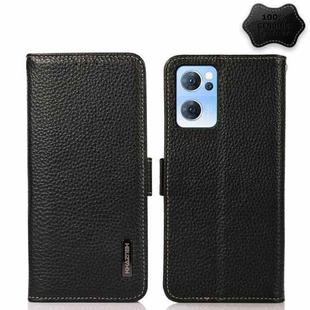 For OPPO Reno7 5G KHAZNEH Side-Magnetic Litchi Genuine Leather RFID Case(Black)