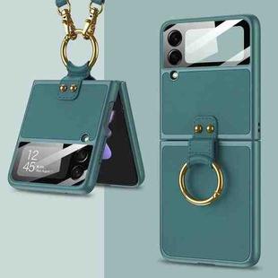 For Samsung Galaxy Z Flip3 5G GKK Ultra-thin PC + PU Phone Case with Ring & Strap(Dark Green)