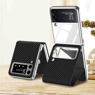 For Samsung Galaxy Z Flip3 5G GKK Plating + Leather Phone Case with Magnetic Holder(Carbon Fiber Texture)