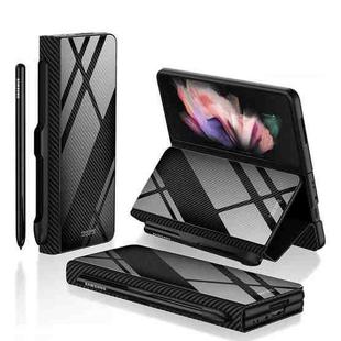 For Samsung Galaxy Z Fold3 5G GKK Flip Tempered Glass Phone Case with Pen Slot(Carbon Fiber Texture)