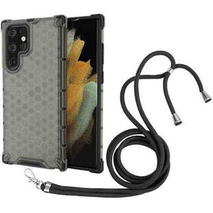 For Samsung Galaxy S22 Ultra 5G Lanyard Honeycomb PC + TPU Case(Black)