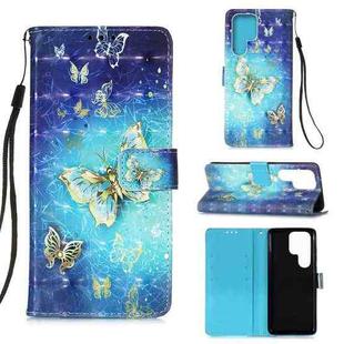 For Samsung Galaxy S22 Ultra 5G 3D Painting Flip Leather Case with Holder(Gold Butterfy)