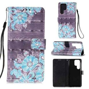 For Samsung Galaxy S22 Ultra 5G 3D Painting Flip Leather Case with Holder(Blue Flower)