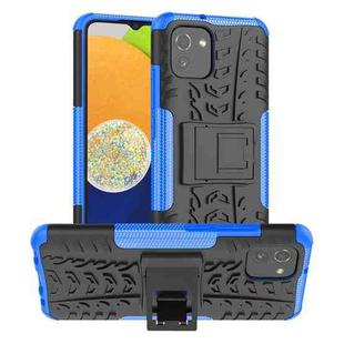 For Samsung Galaxy A03 Global Tire Texture TPU + PC Phone Case with Holder(Blue)