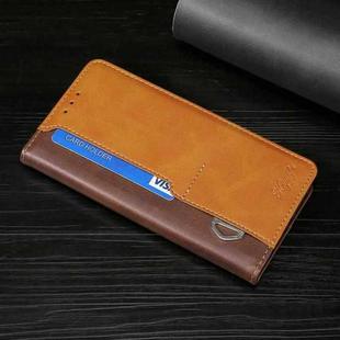 For Motorola Moto E20 / E40 Contrast Color Side Buckle Leather Phone Case(Dark Brown + Gold)