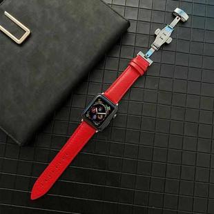 Lychee Genuine Leather Watch Band For Apple Watch Ultra 49mm / Series 8&7 45mm / SE 2&6&SE&5&4 44mm / 3&2&1 42mm(Red)