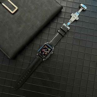 Lychee Genuine Leather Watch Band For Apple Watch Ultra 49mm / Series 8&7 45mm / SE 2&6&SE&5&4 44mm / 3&2&1 42mm(Black)