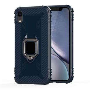 For iPhone XR Carbon Fiber Protective Case with 360 Degree Rotating Ring Holder(Blue)