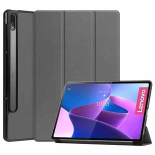 For Lenovo Tab P12 Pro 12.6 Three-folding Holder Custer Texture Leather Tablet Case(Grey)