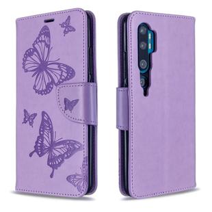 For Xiaomi CC9 Pro / Note 10 /  Note 10 Pro Embossing Two Butterflies Pattern Horizontal Flip PU Leather Case with Holder & Card Slot & Wallet & Lanyard(Purple)