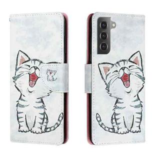 For Samsung Galaxy S22 5G Colored Drawing Leather Phone Case(Red Mouth Cat)