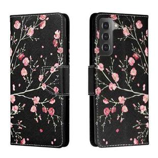 For Samsung Galaxy S22+ 5G Colored Drawing Leather Phone Case(Black Background Safflower)
