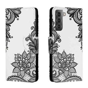 For Samsung Galaxy S22+ 5G Colored Drawing Leather Phone Case(Black Flower)