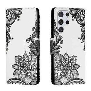 For Samsung Galaxy S22 Ultra 5G Colored Drawing Leather Phone Case(Black Flower)