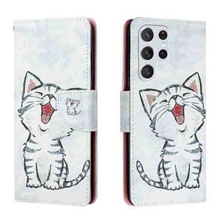 For Samsung Galaxy S22 Ultra 5G Colored Drawing Leather Phone Case(Red Mouth Cat)