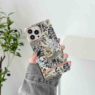 Square Plating Gold Edge Phone Case with Ring Holder For iPhone 11(Jungle Leopard)